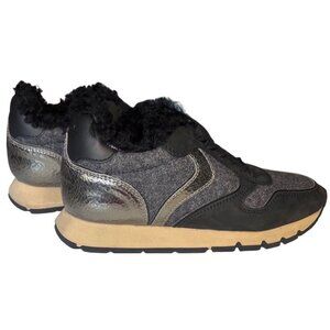 Voile Blanche Julia Fur Sneakers Black Grey Metallic Calfskin Felt Size 37 6.5-7